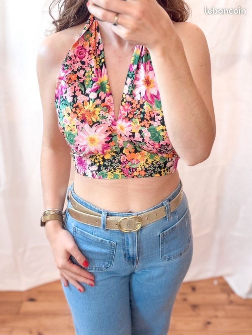 H&M Floral Halter Crop Top - Pink, Yellow, Green